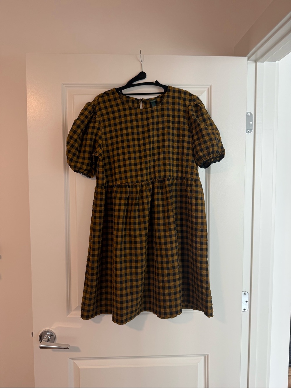 wild fable Mustard and Black Gingham Puff Sleeve Mini Dress